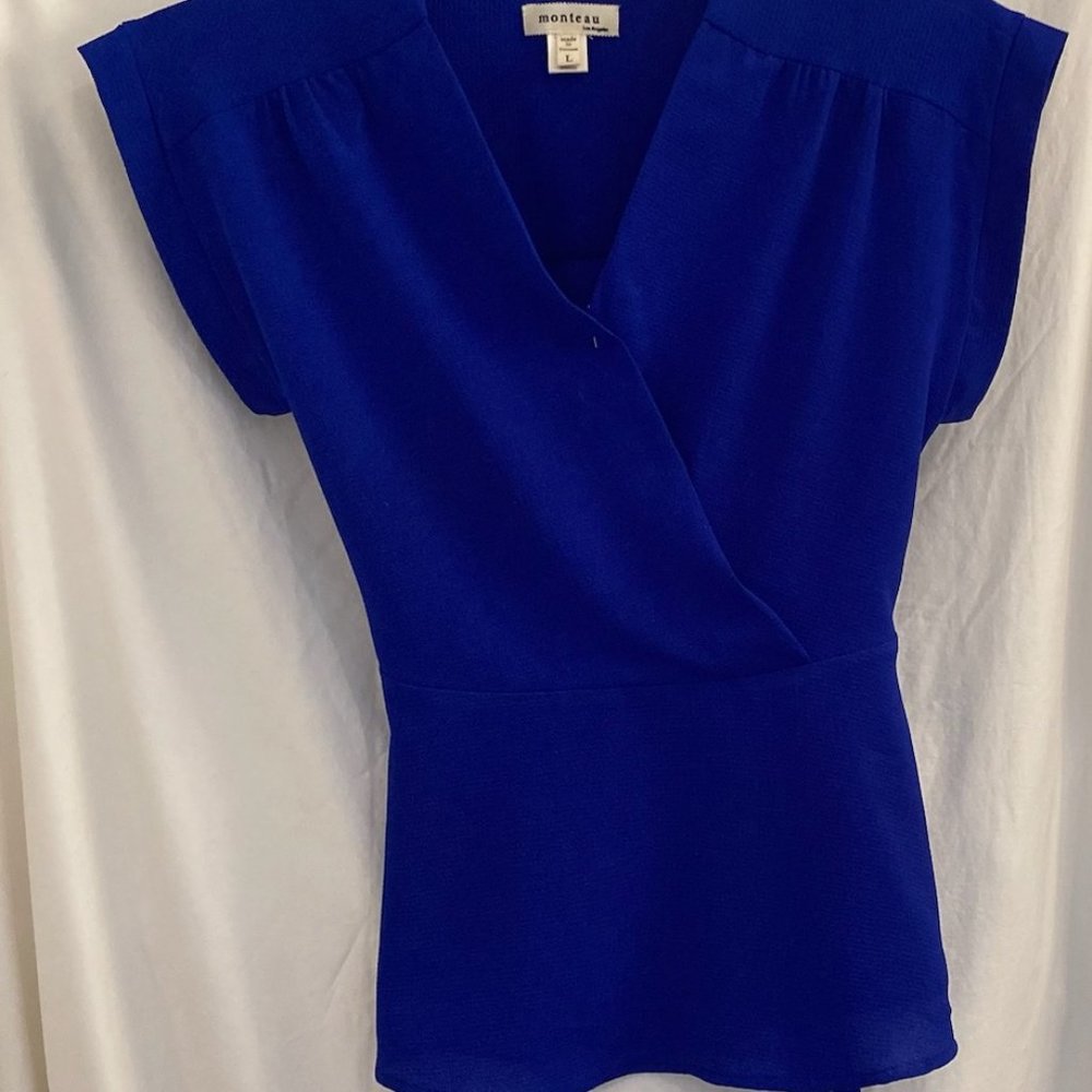Beautiful blue, cinched waist blouse. Size large.